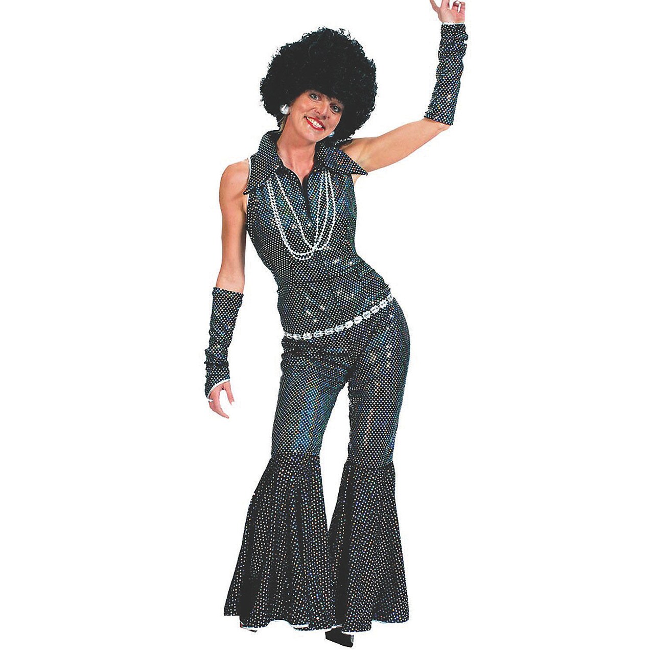 Womens Disco Costume Sparkly Zippered Jumpsuit with Glovettes